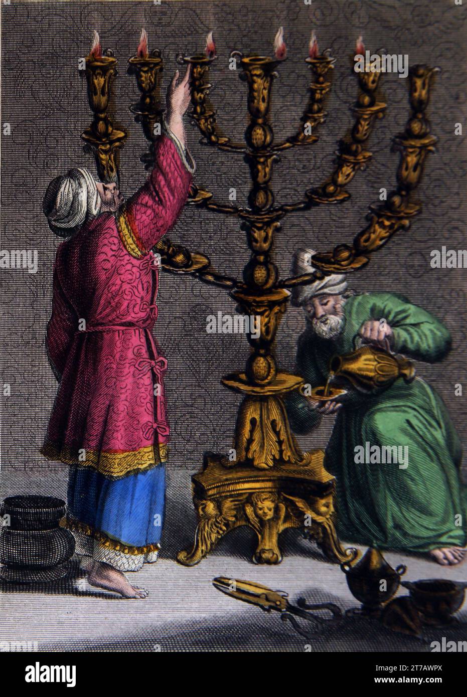 Illustration des Hohepriesters, der den goldenen Kerzenleuchter aus der selbstinterpretierenden Familienbibel entzündet Stockfoto