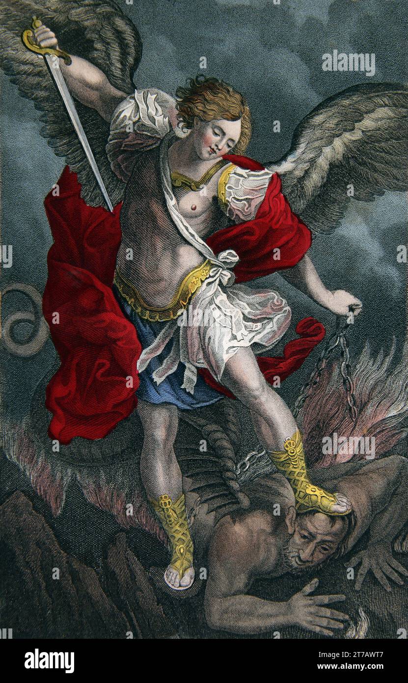 Illustration von Satan, der 1000 Jahre von einem Engel angekettet wurde (Offenbarung XX.II) aus der selbstinterpretierenden Familienbibel Stockfoto