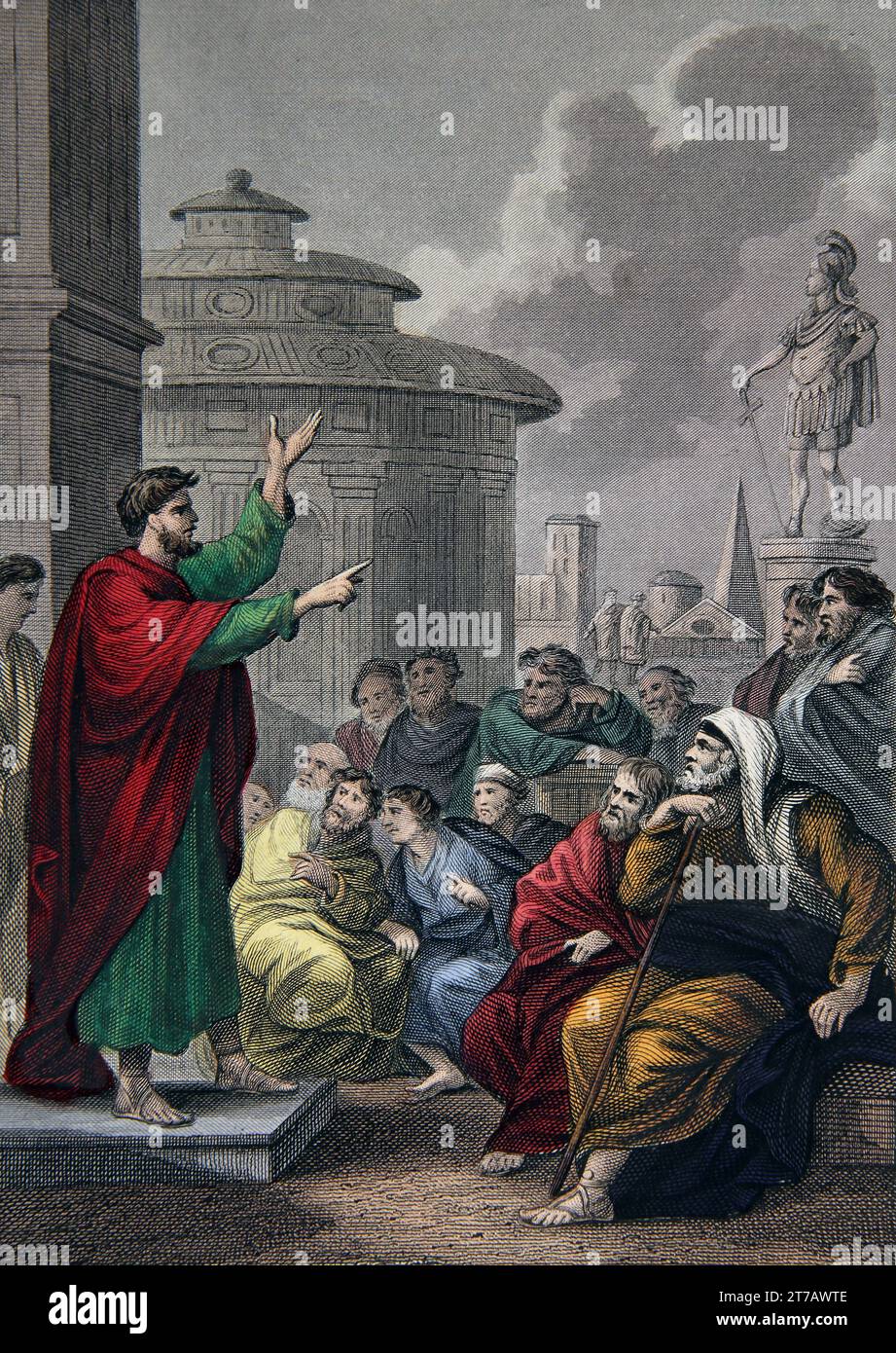 Illustration der Predigt Paulus in Athen (Areopagus Predigt) (Apostelgeschichte XVII.22) aus der selbstinterpretierenden Familienbibel Stockfoto