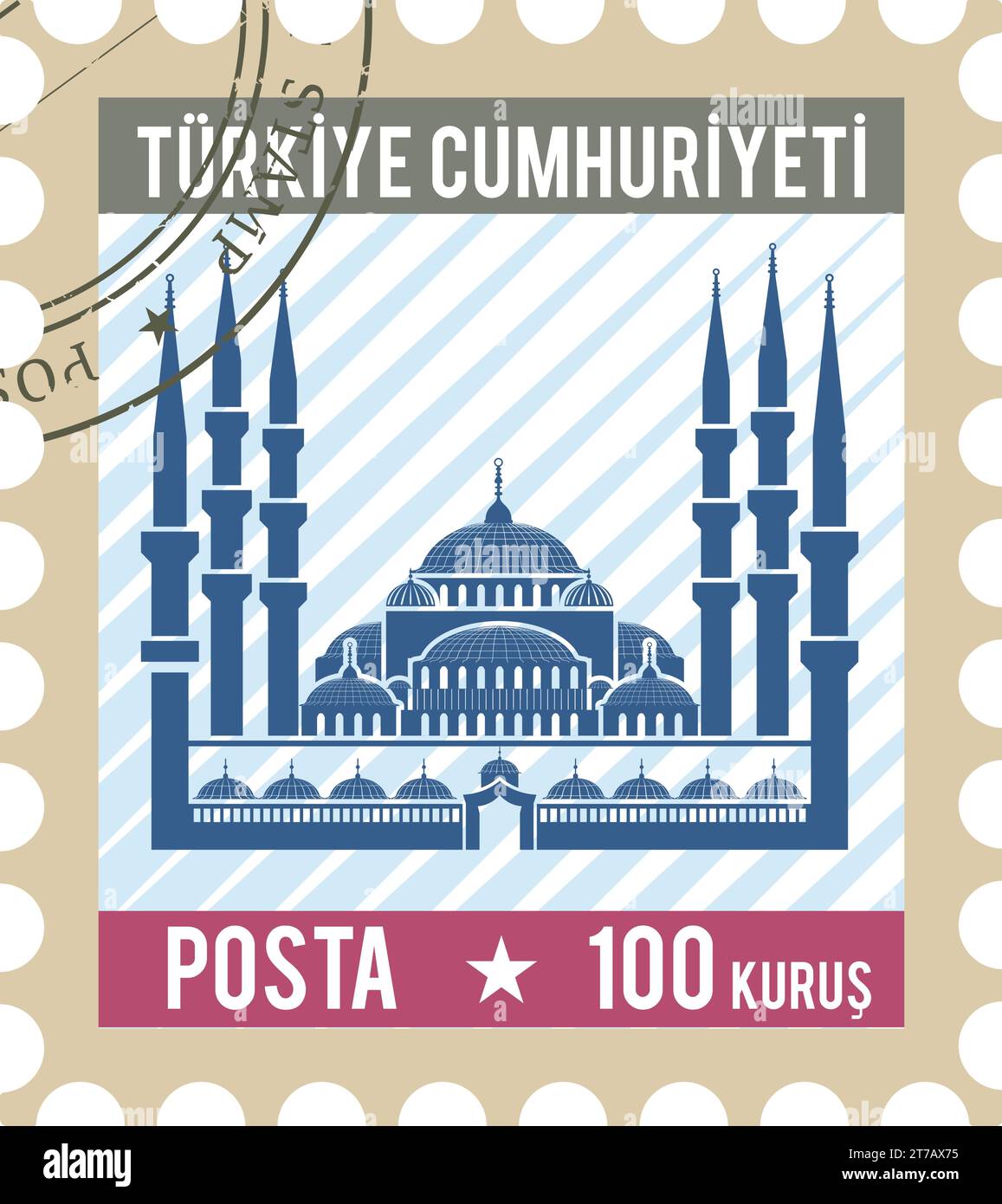 Briefmarke mit HAGIA SOPHIA MOSCHEE berühmtes Wahrzeichen von ISTANBUL, TÜRKIYE Stock Vektor
