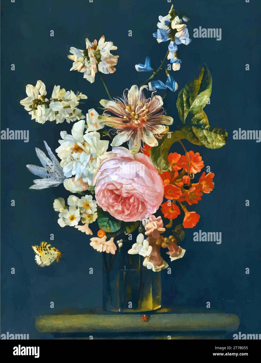 Stillleben von Rosen, Pfingstrosen und Passionsblumen in einer Glasvase auf einem Steinvorsprung mit einem Marienkäfer und einem Schmetterling – „Carstian Luyckx“ Stock Vektor