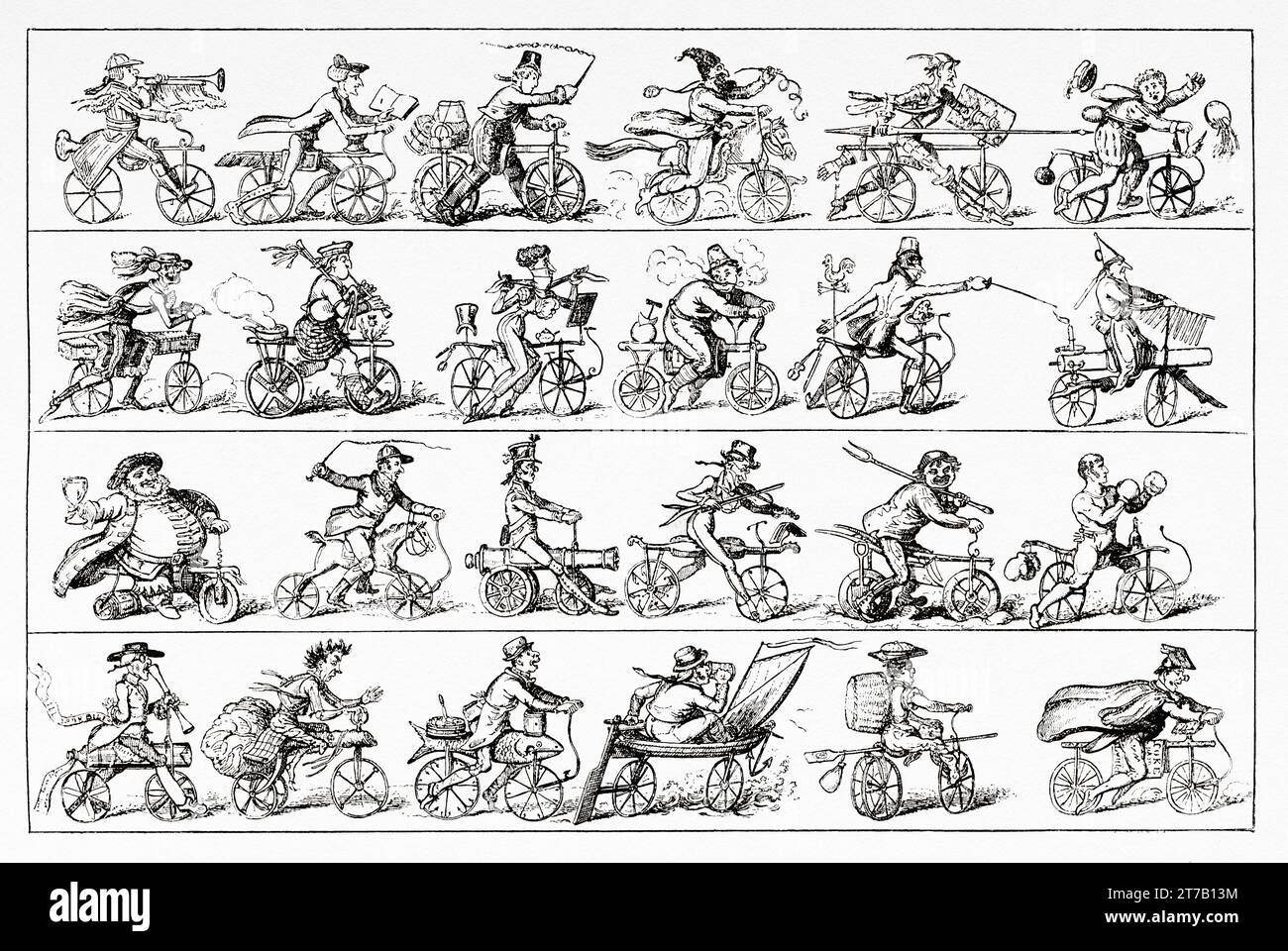 Velocipede. Jeder Mann auf seinem Barsch oder auf der Hobby-Messe. Englischer Zeichentrickfilm, 1819 von George Cruikshanks über die velociped-Manie. Alte Illustration aus La Nature 1887 Stockfoto