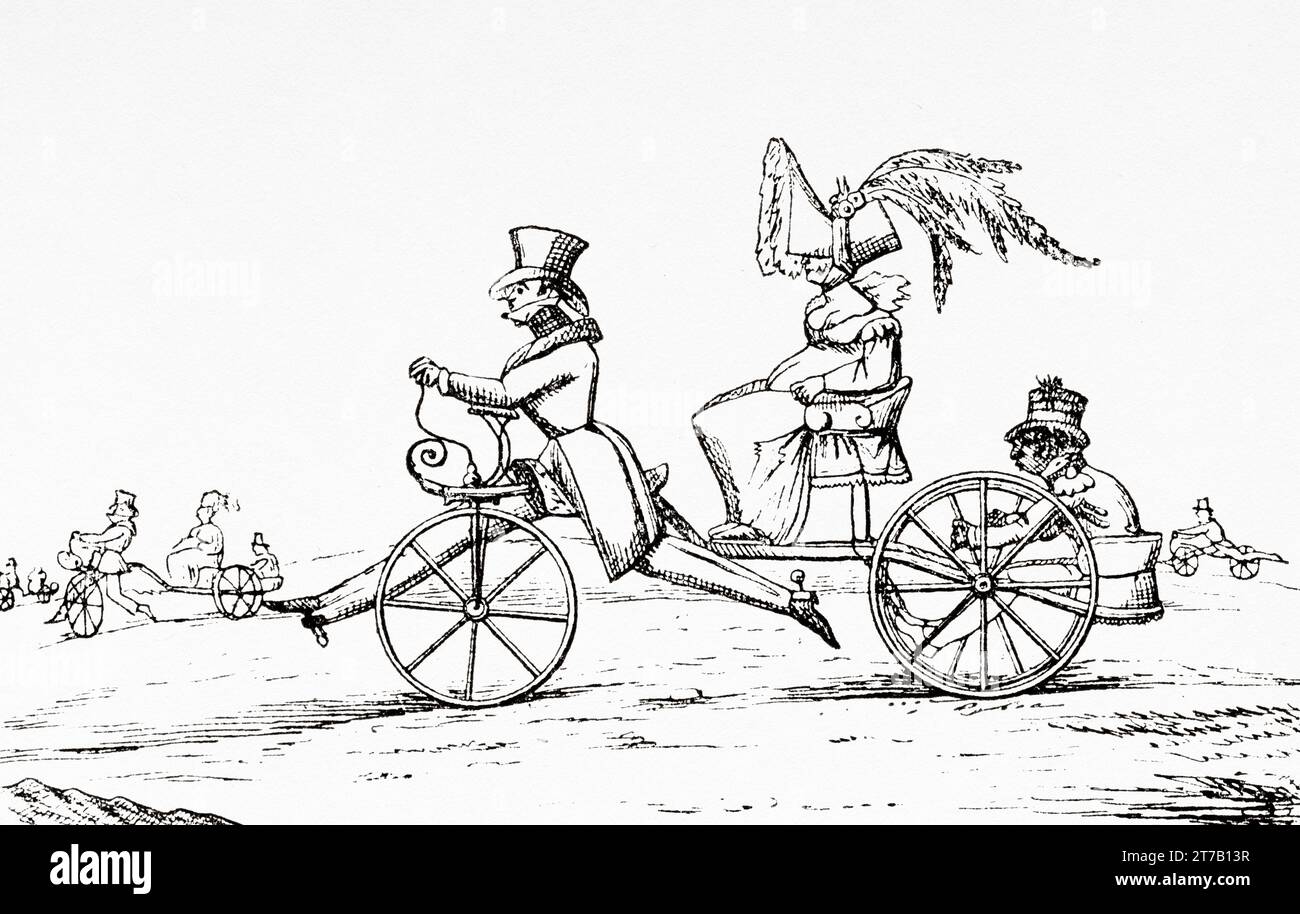 Englischer Cartoon über Velocipedes. Alte Illustration aus La Nature 1887 Stockfoto