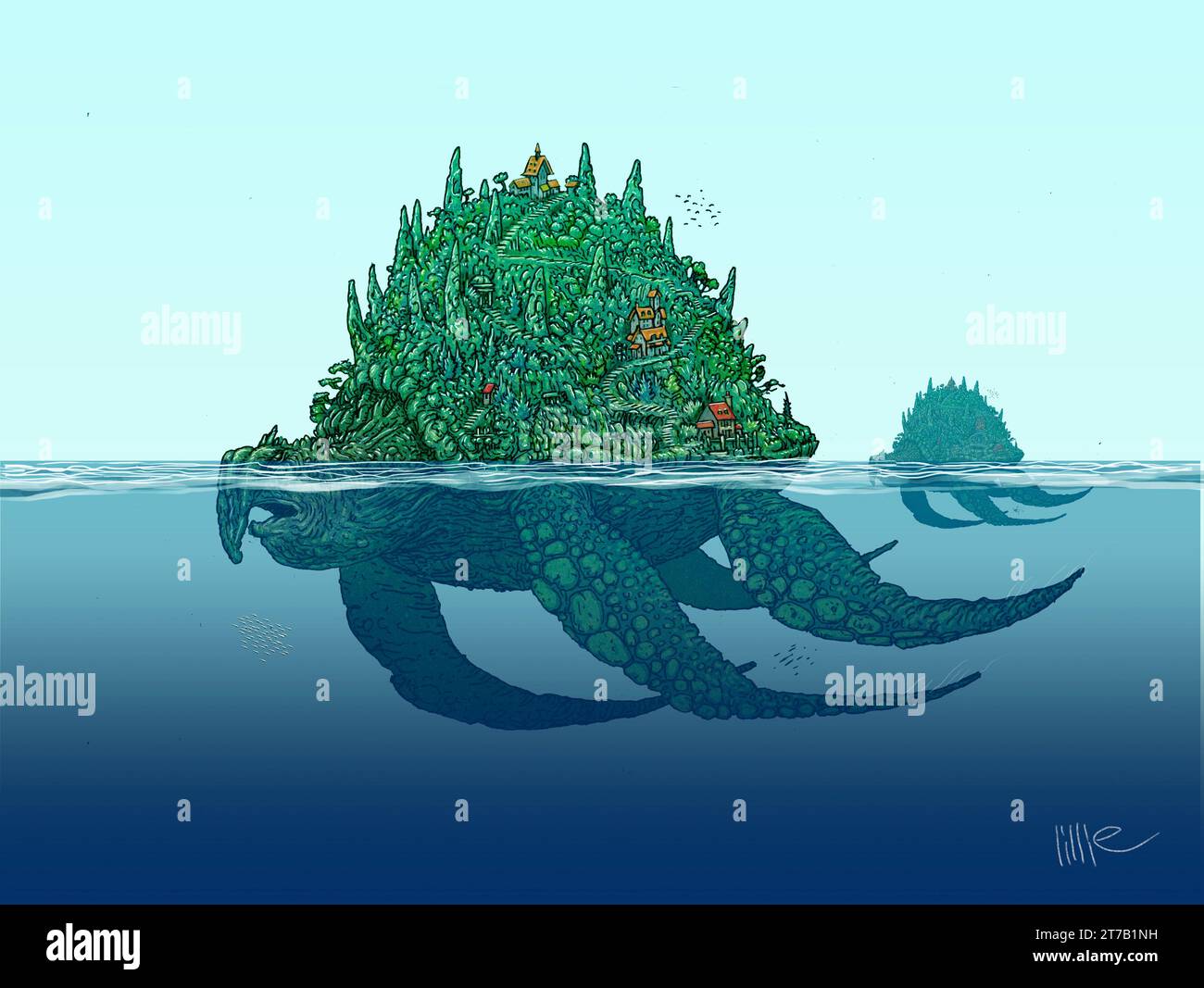 Art Island Schildkröte, Aspidochelon, mythische Meeresbewohner, beschrieben als große Wale / Meeresschildkröte, erscheint als Insel für unvorsichtige Seeleute Symbol des satans Stockfoto