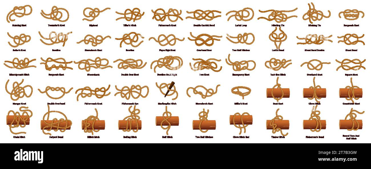 Segel-Seilknoten, Seemann Krawatte und Bogen, Vektor-Seekordeln setzen Ikonen. Nautische Seilknotenarten und Namen von Seeschiffsschnüren, Bowline- und Fischerknüpfungen oder doppelte carrick-Knoten Stock Vektor