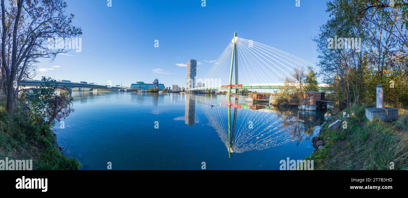 Wien: Donau (Donau), Autobahnbrücke Praterbrücke (links), Donaustadtbrücke der U-Bahn U2, Daubel-Netz-Fischerboot, Kreuzfahrtschiff, stumme swa Stockfoto