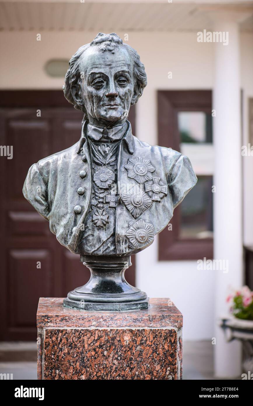 Büste von Generalissimo des Russischen Reiches Alexander Wassiljewitsch Suworow in Kobryn, Brest voblast, Weißrussland. Stockfoto