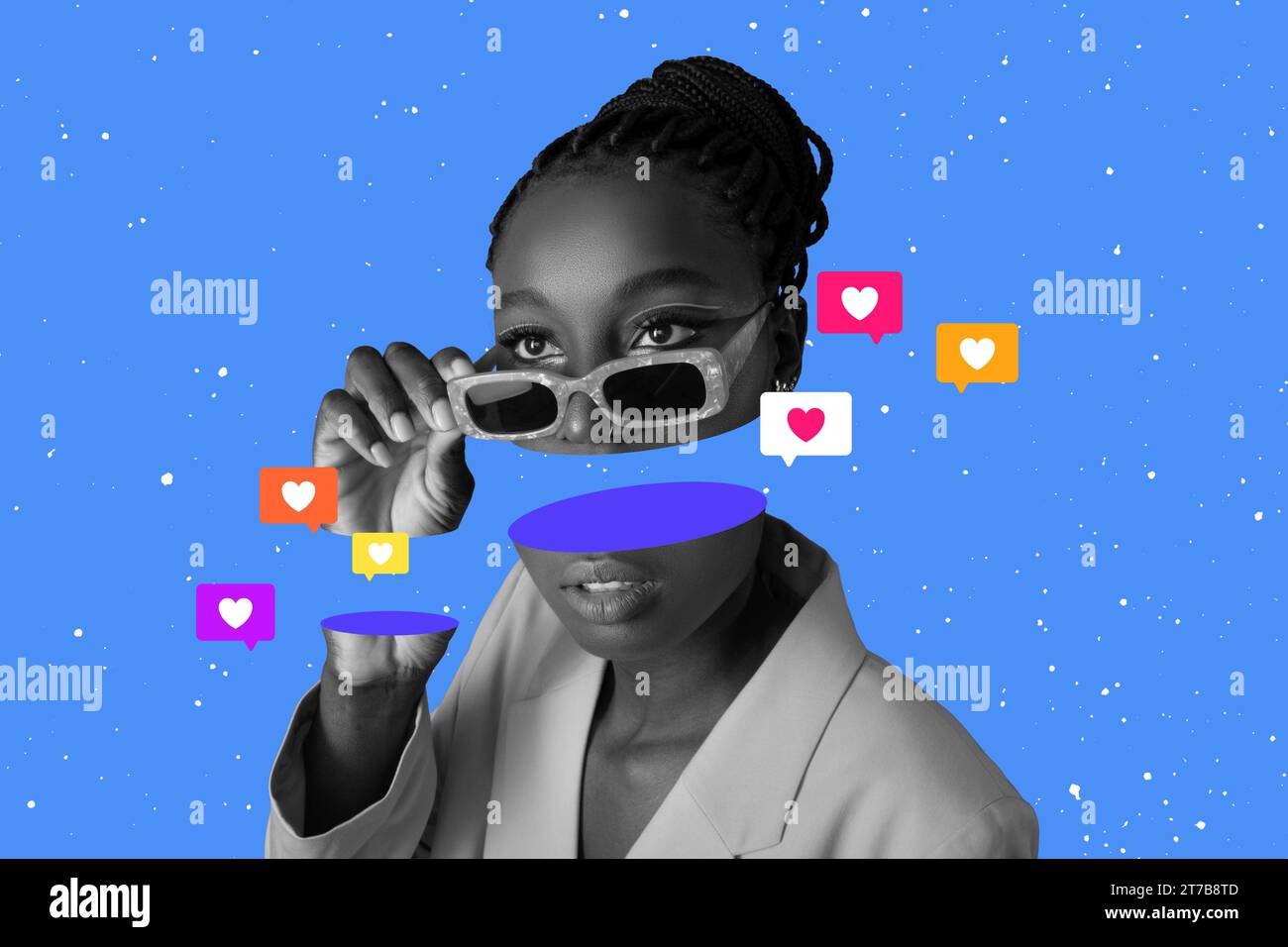 afrikanische Frau mit Schnittkopf und mag Botschaften, konzeptuelle Collage Stockfoto