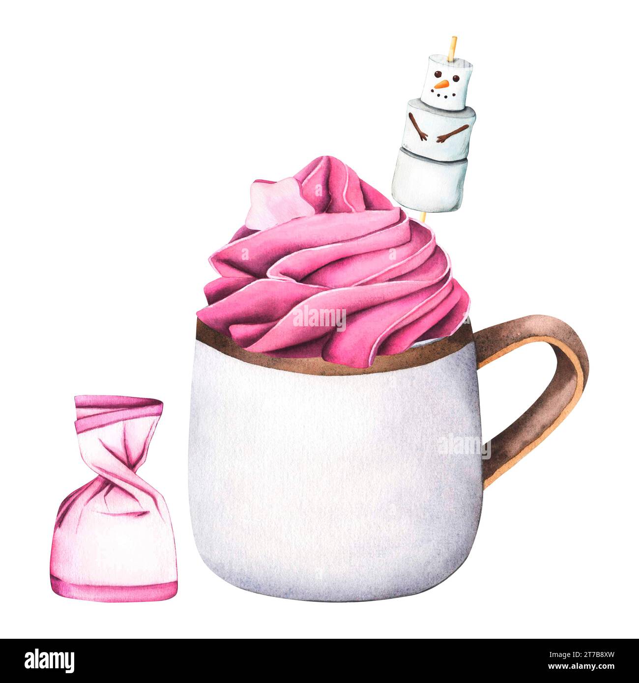 Heißgetränk Schokoladentasse mit Schlagsahne und Weihnachtsmarshmallow Schneemann, Schokoladensbonbons. Aquarell Illustration Kaffeetasse niedliches Design Stockfoto