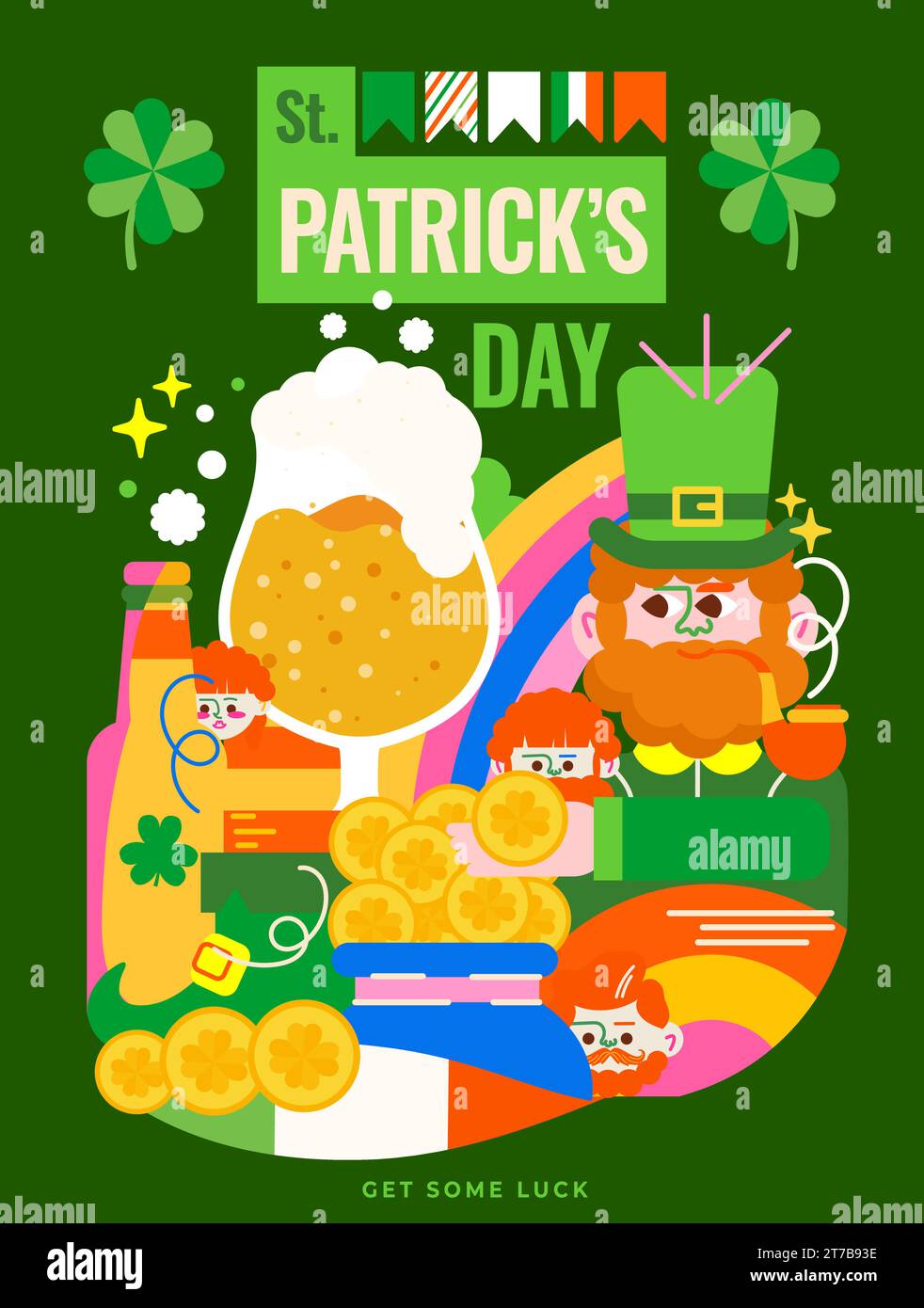 Helle moderne Illustration für St.. Patrick's Day. Ein fröhlicher Zwerg, ein Kleeblatt, Bier, ein Regenbogen und ein Topf mit glitzerndem Gold. Stock Vektor