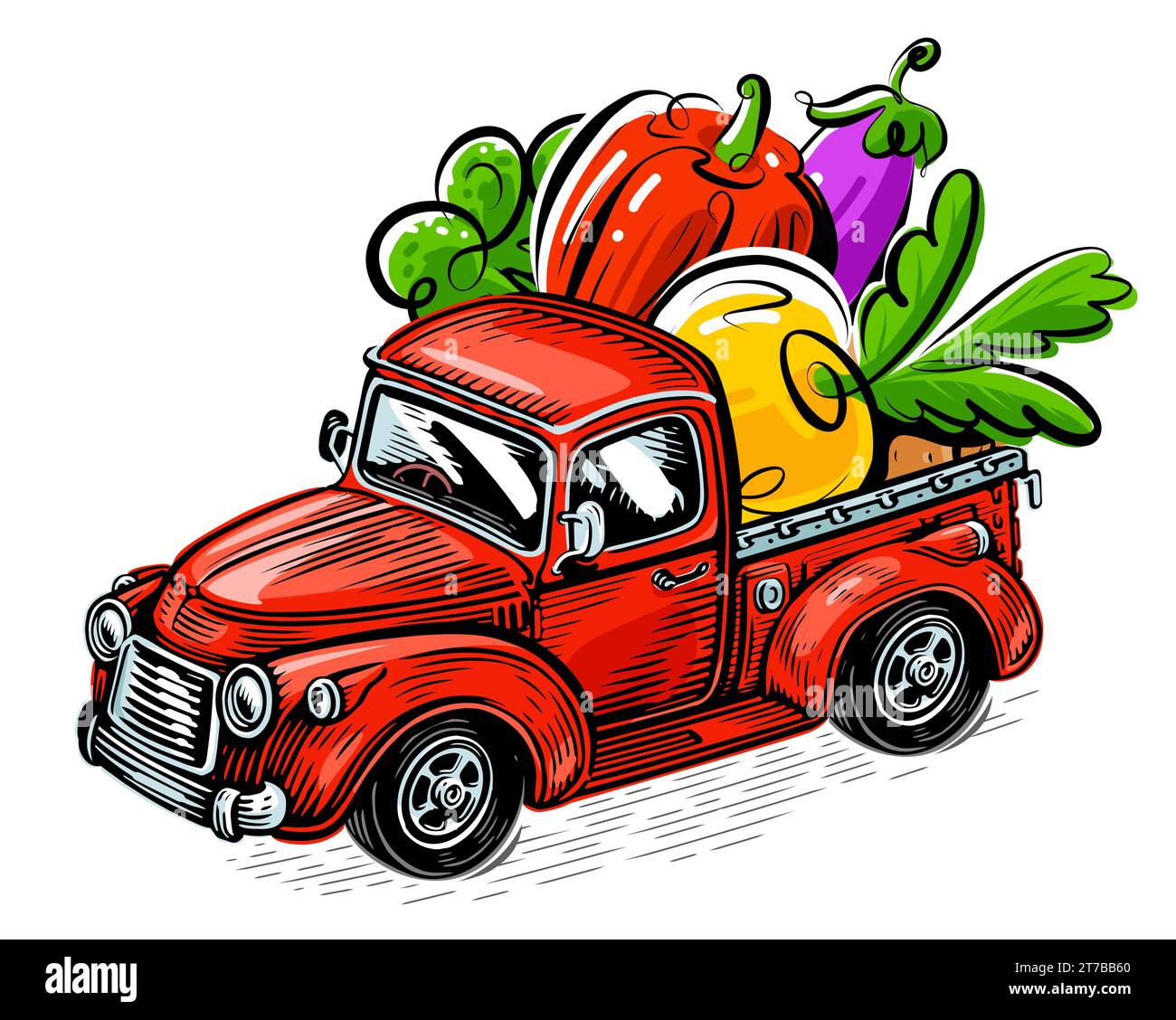 Cartoon Truck, der reifes Gemüse zum Bauernmarkt transportiert. Transport von veganen Bio-Lebensmitteln. Herbsternte Stock Vektor