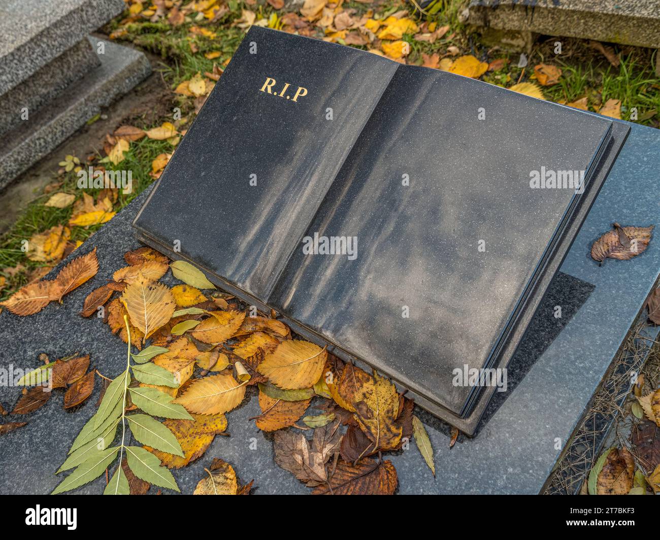 Grabstein in Form eines offenen Buches aus schwarzem Marmor mit RIP-Inschrift Stockfoto