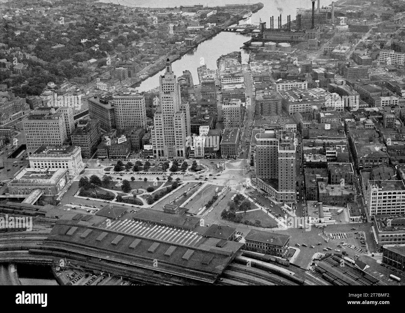 Luftaufnahme des Civic Center, 1951 Luftaufnahme der Innenstadt von Providence, Rhode Island Stockfoto