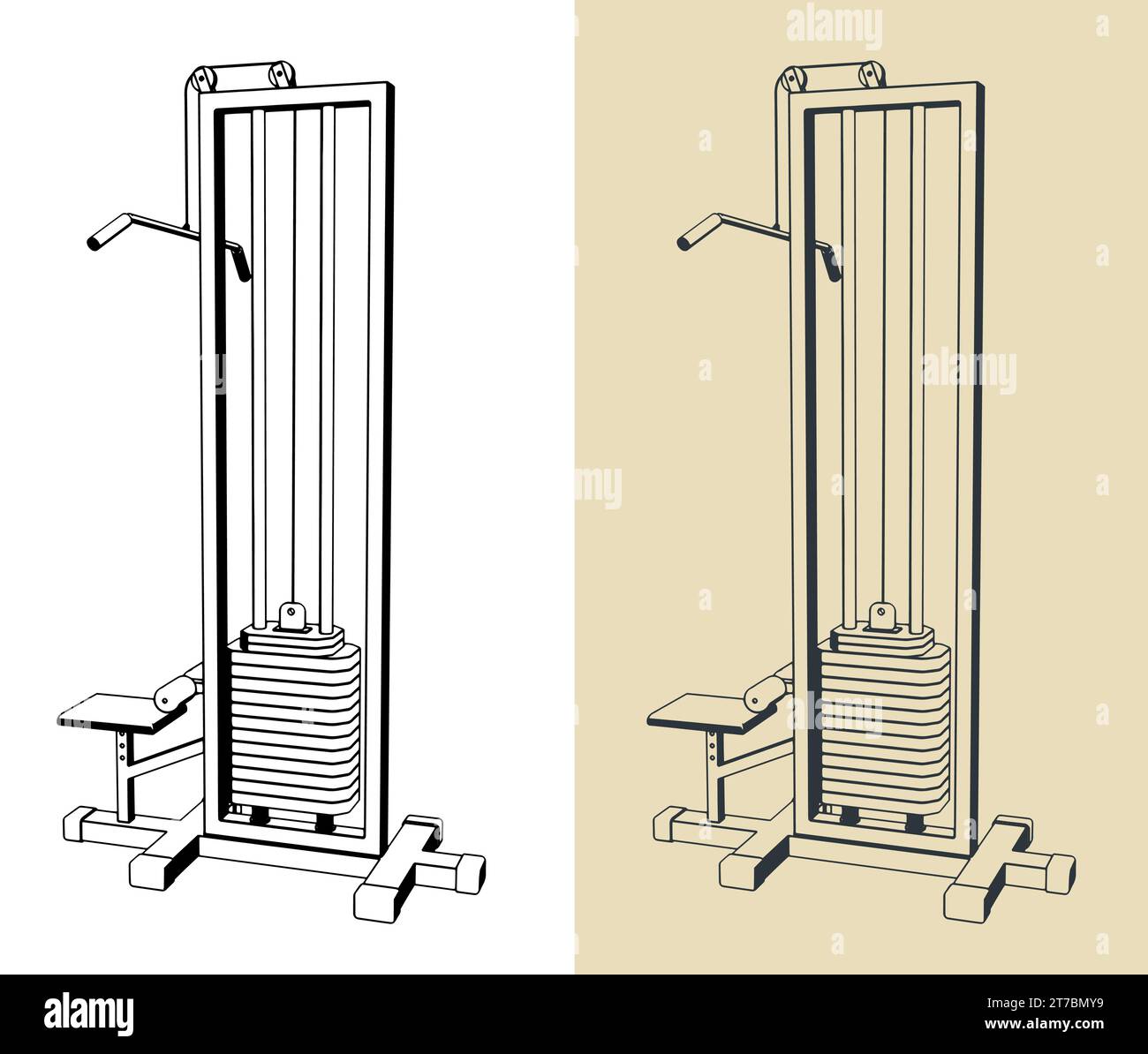 Stilisierte Vektorillustrationen von Fitnessgeräten. Lat Pulldown-Maschine Stock Vektor