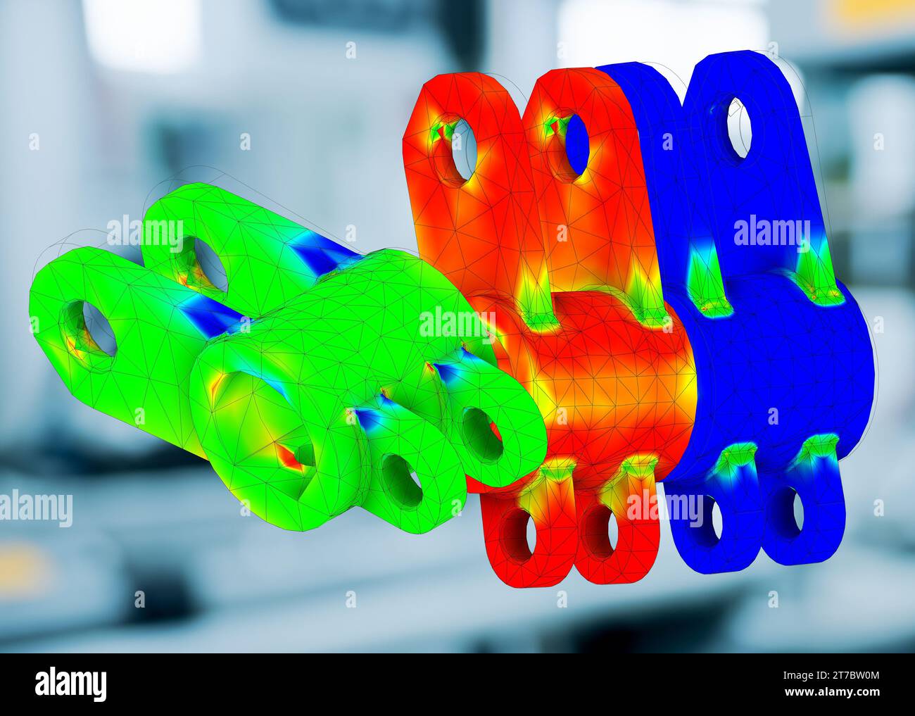 FEM-Analyse an mechanischen Metallverbindungen zur Berechnung von Widerstand, Spannung und Kräften vor dem Produktionsprozess Stockfoto