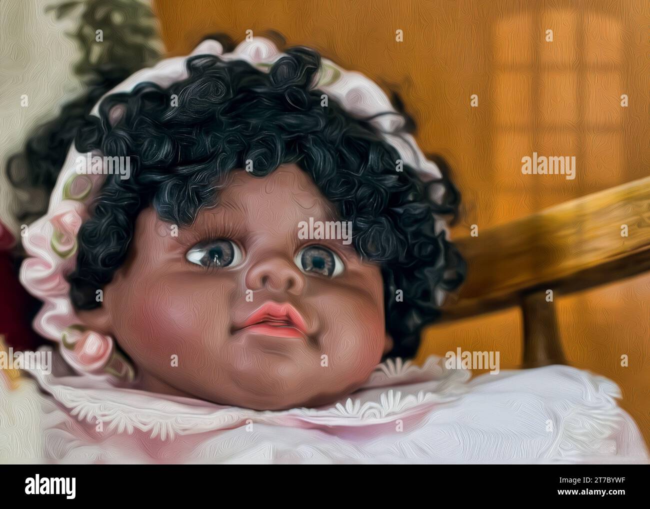 Digitales Ölgemälde einer afroamerikanischen Puppe mit süßem Lockenhaar Stockfoto