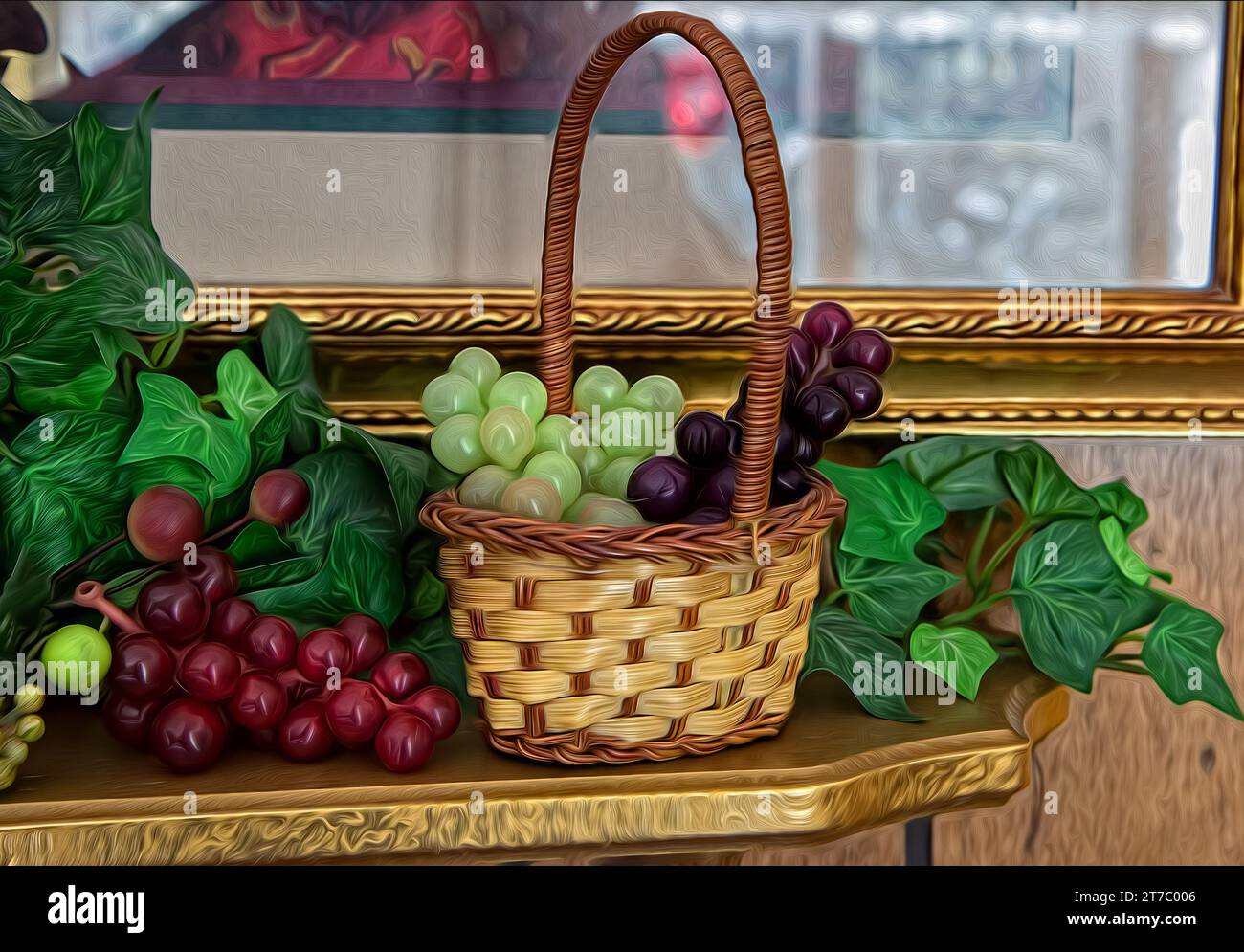 Digitaler Ölgemälde, gelber Korb voller roter und grüner Trauben auf dem Regal Stockfoto
