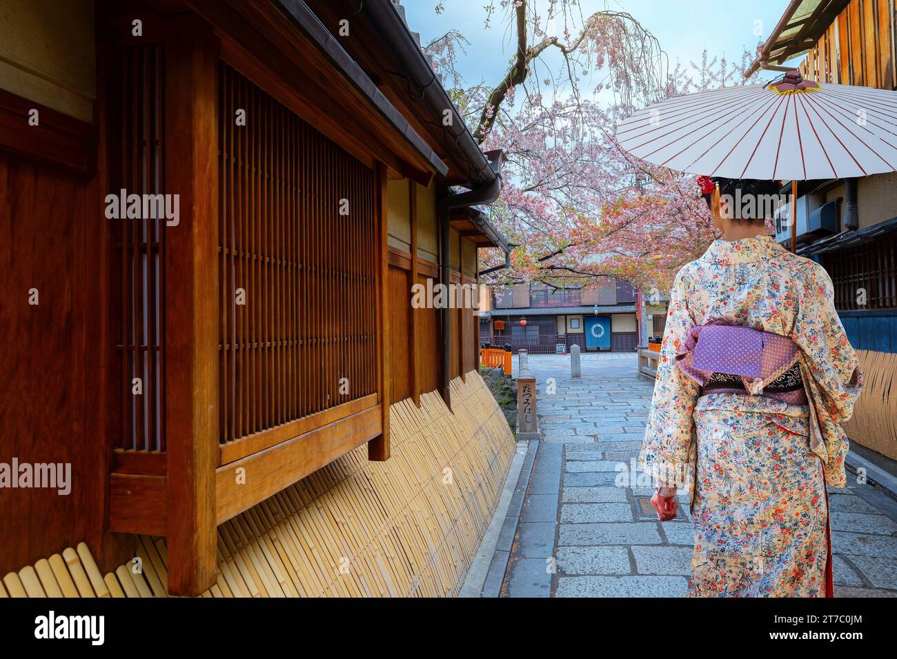 Kyoto, Japan - 6. April 2023: Die Tatsumi-Bashi-Brücke ist der berühmte Ort des Stadtteils Gion. Es ist eine kleine Brücke, die den Fluss Shirakawa überquert Stockfoto