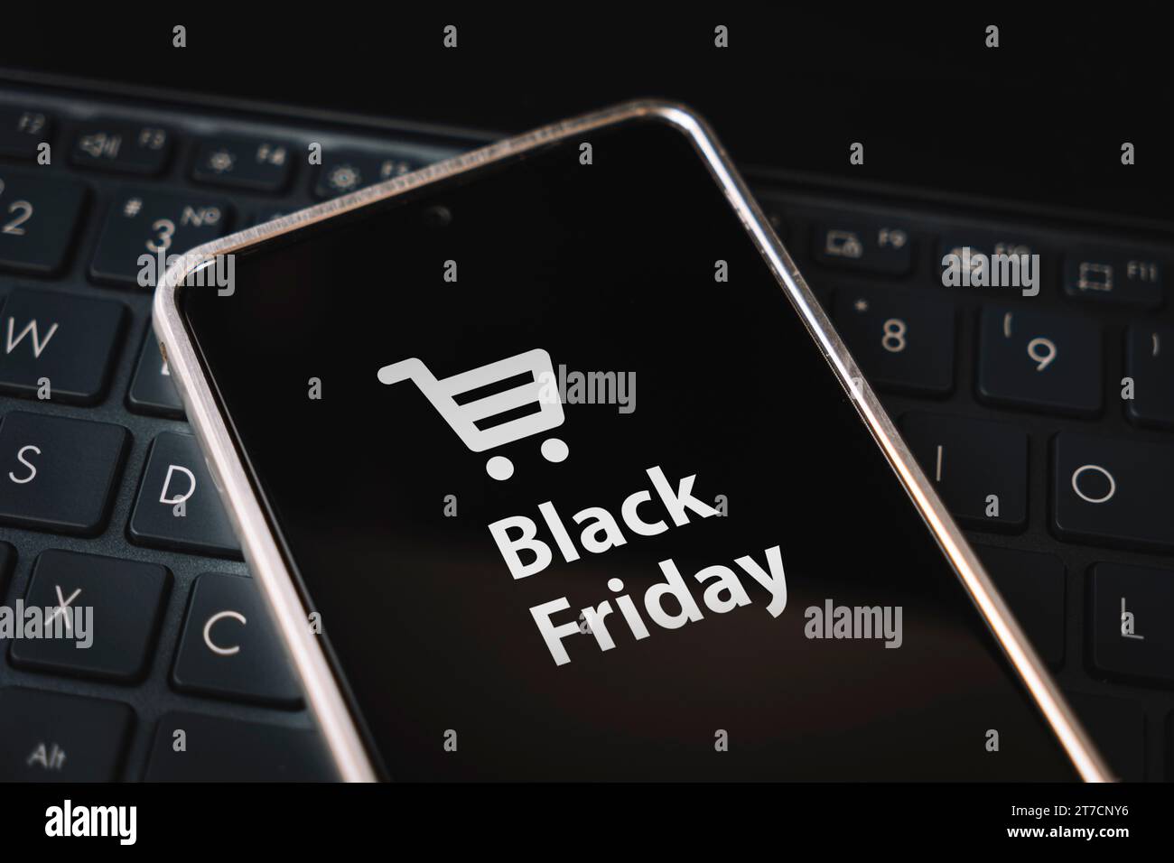 Black friday-Angebot. Text zum Sonderangebot auf dem Bildschirm des Mobiltelefons. Erhalten Sie während des Verkaufs einen Aktionscode für ermäßigte Einkäufe. Kauf t Stockfoto