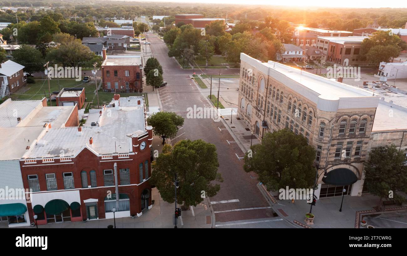 Blick auf das historische Stadtzentrum von Arkansas City, Kansas, USA. Stockfoto