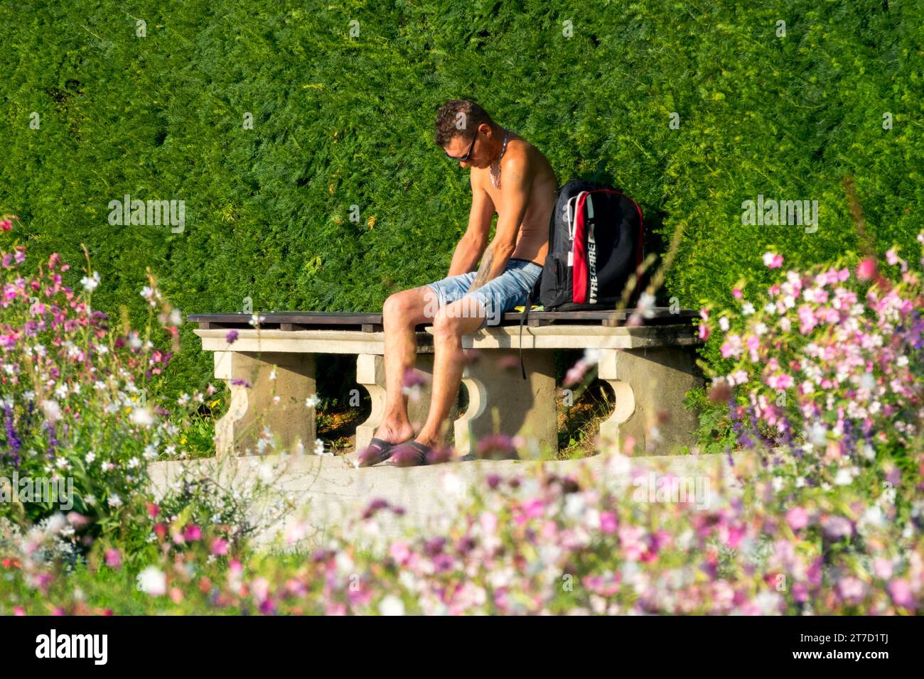 Ein Mann, der auf einer Bank in einem sonnigen Park sitzt Stockfoto