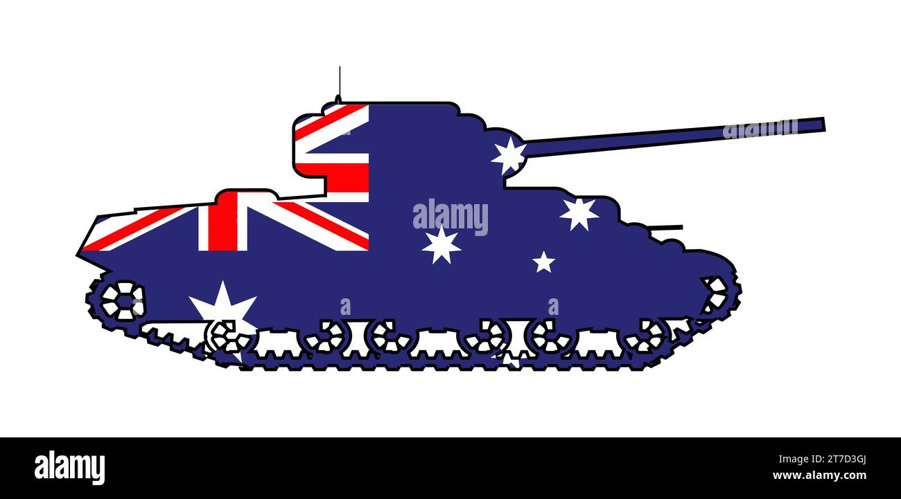 Eine Umrisssilhouette eines typischen australischen Kampfpanzers, der die Symbole und Farben der Union-Flagge auf weißem Hintergrund zeigt Stockfoto