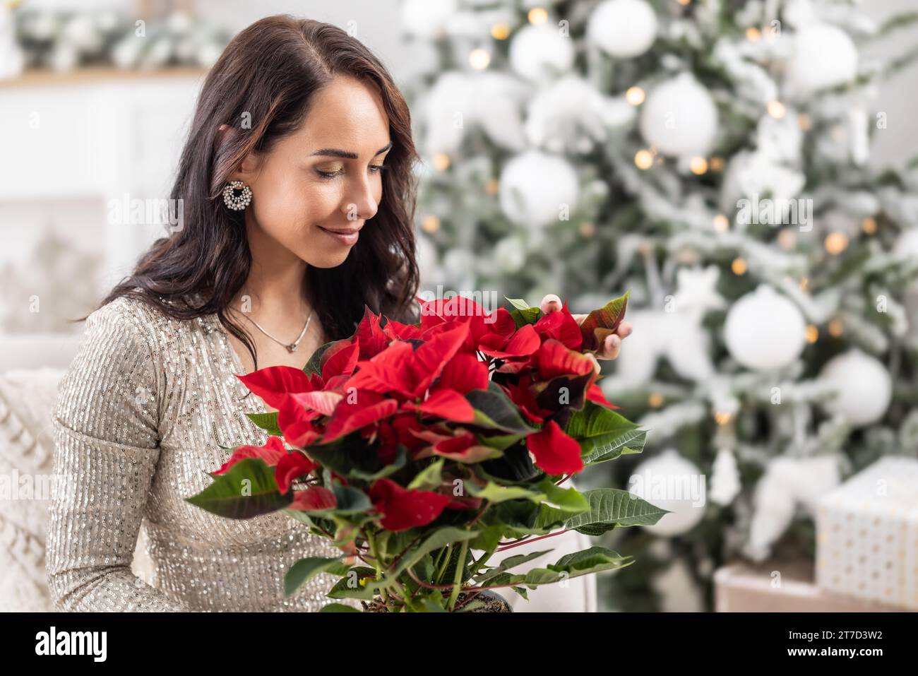 Die Frau lächelt und riecht einen Poinsette in einem Blumentopf neben einem Weihnachtsbaum. Stockfoto