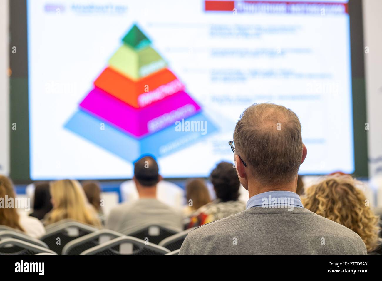 Geschäftsmann mit Blick auf die Maslow-Hierarchie der Bedürfnisse im Pyramidendiagramm auf Projektionsleinwand während der Konferenz Stockfoto