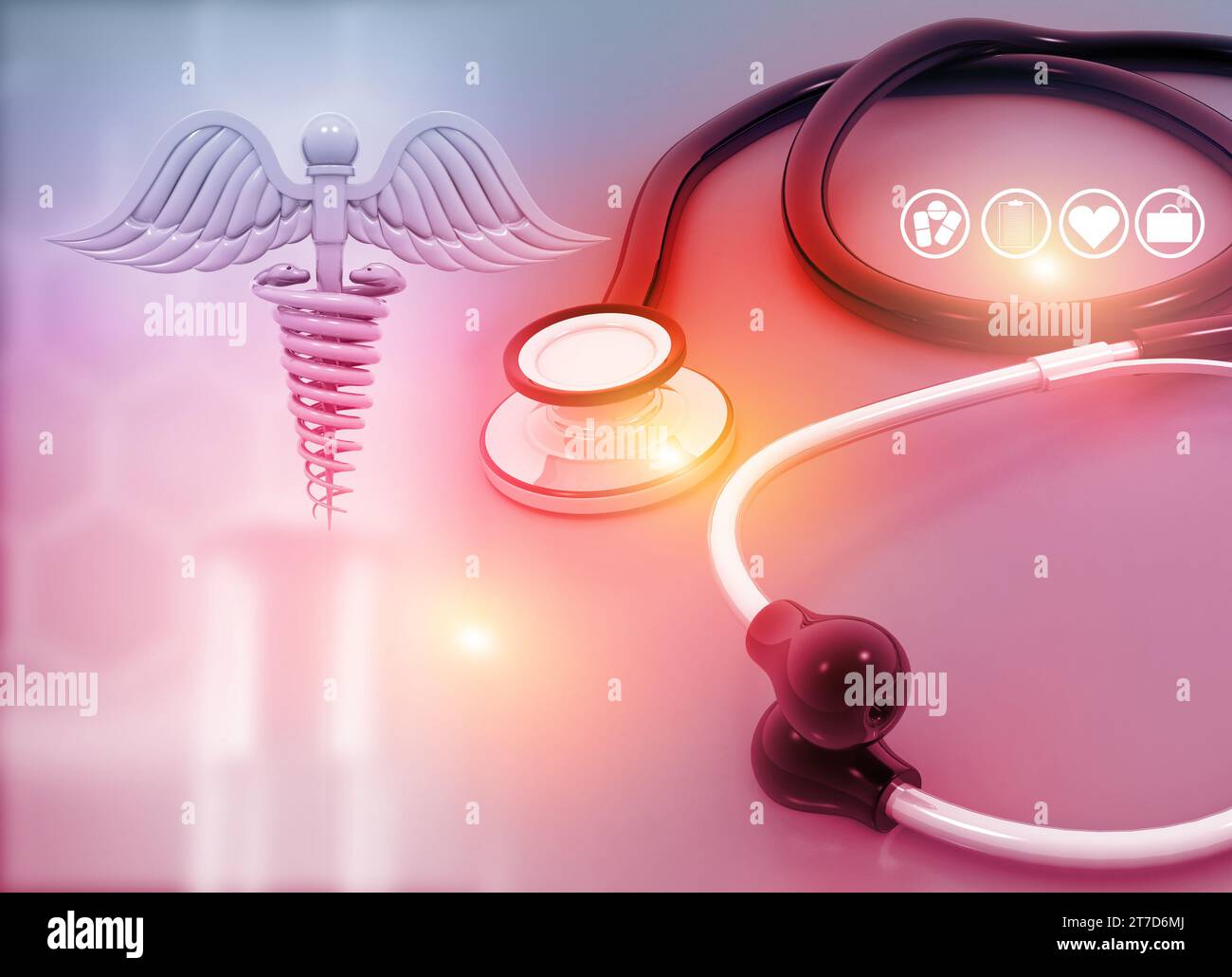 Stethoskop mit medizinischem Symbol auf medizinischem Hintergrund. 3D-Abbildung Stockfoto