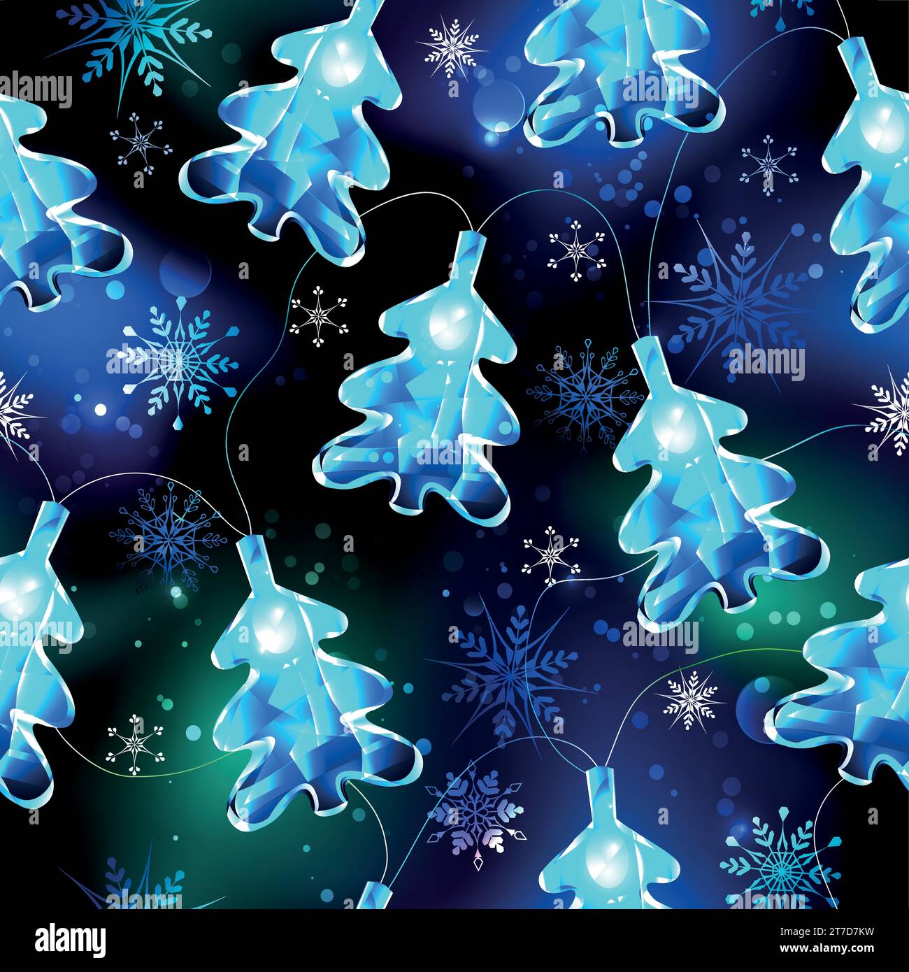 Nahtloses Muster der Weihnachtsgirlande mit leuchtenden, blauen Weihnachtsbaumlichtern auf schwarzem Hintergrund mit blauen Schneeflocken. Weihnachtsdekoration. Stock Vektor