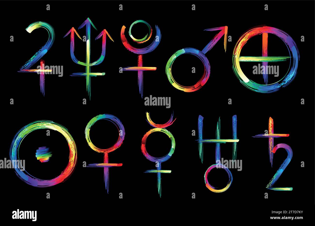 Symbole von Planeten mit großen Strichen von Regenbogen, hell, mehrfarbig, fluoreszierend, Neonfarbe auf schwarzem Hintergrund. Ausdrucksstarkes Zeichnen mit lum Stock Vektor
