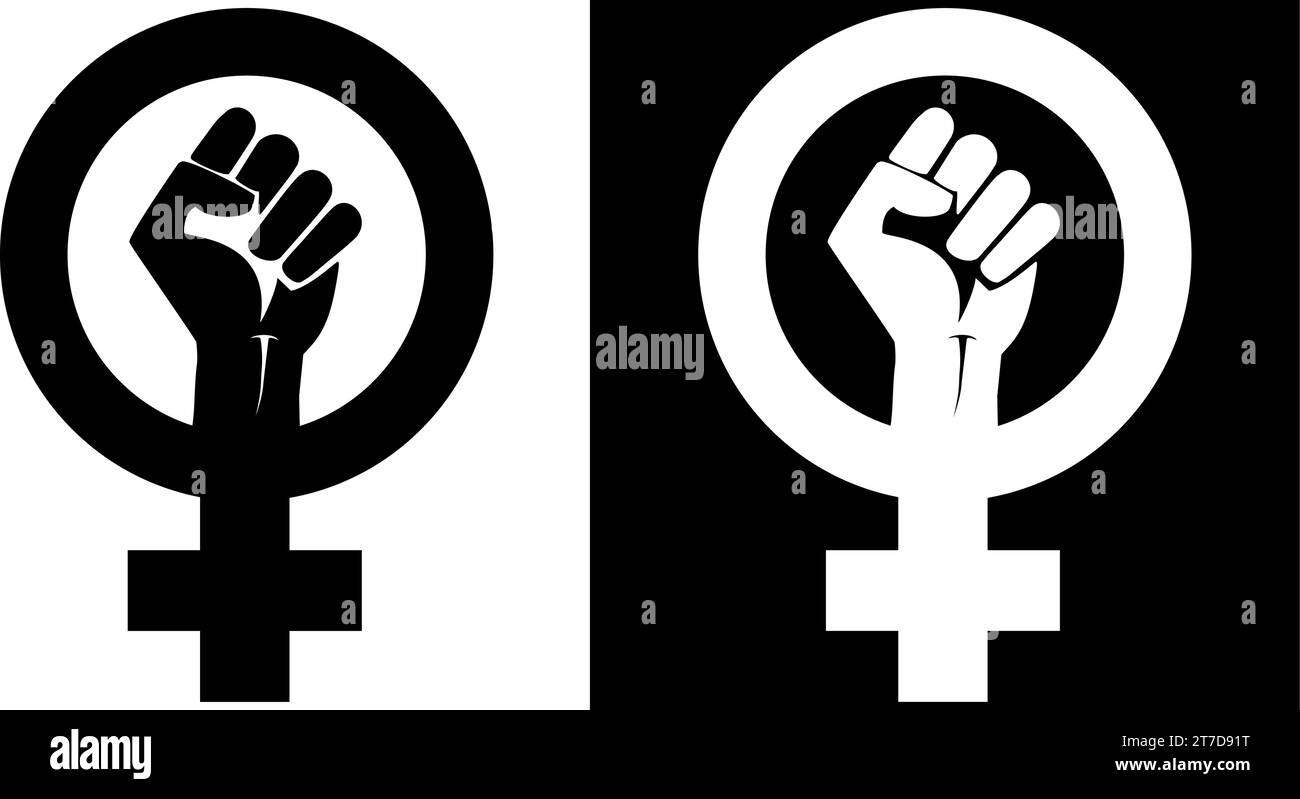 Feministische Ikone mit geballter Faust isoliert auf transparentem Hintergrund und eingeprägt auf schwarzem Hintergrund Stock Vektor