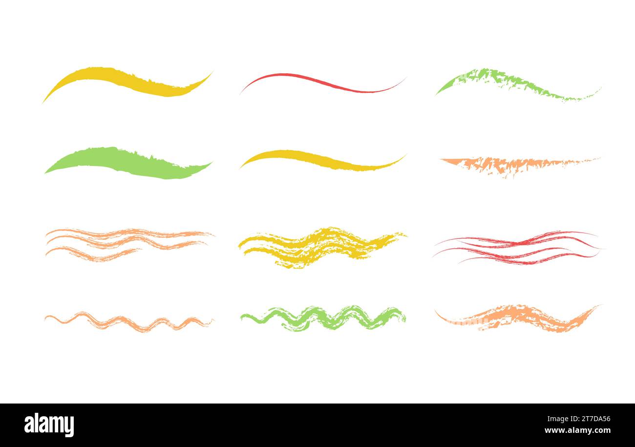 Sammlung von durchgestrichenen mehrfarbigen Buntstiften. Verschiedene kritzelnde bunte Wellenlinien betonen. Horizontale handgezeichnete Markierungsstreifen, brus Stock Vektor