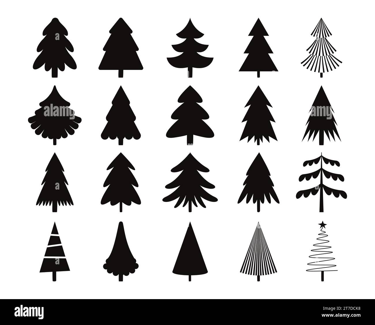 Schwarze weihnachtsbaumsymbole. Nahtloser Druck von Winterbäumen mit Ornamenten, Schneeflocken und Geschenken. Vektor-Schwarzweißhintergrund Stock Vektor