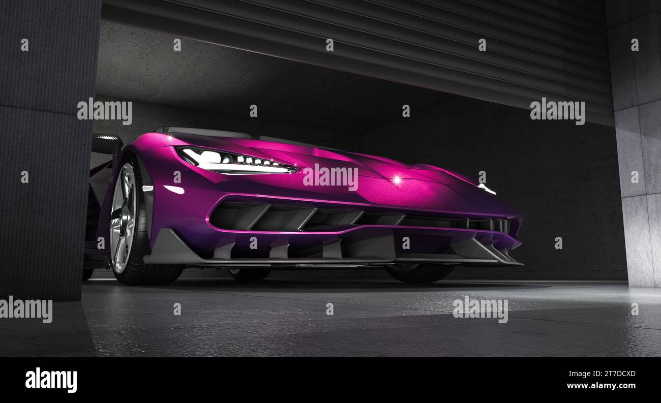 Sportwagen in einer Garage. 3D-Rendering Stockfoto