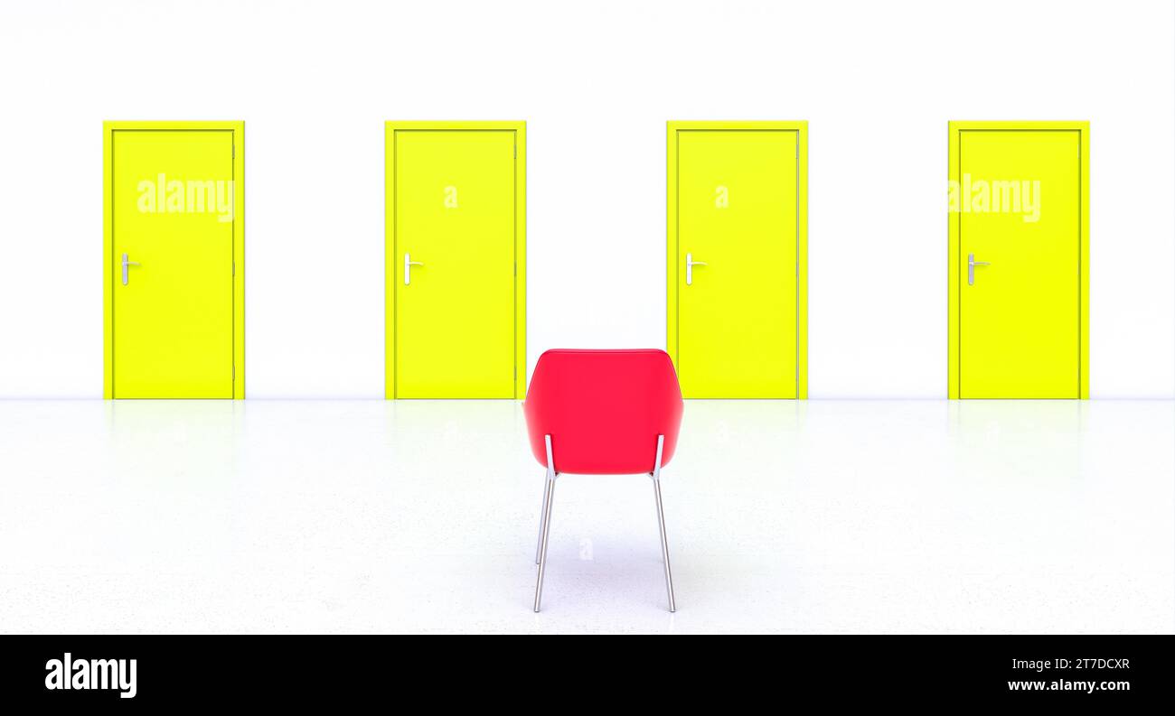 Roter Stuhl und gelbe Türen. 3D-Rendering Stockfoto