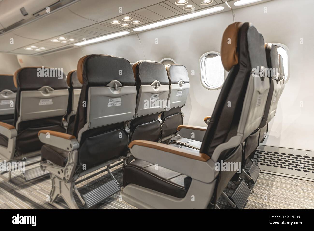 Flugzeugpassagiersitze Sitzreihe Economy Class im Kabinenflugzeug Stockfoto