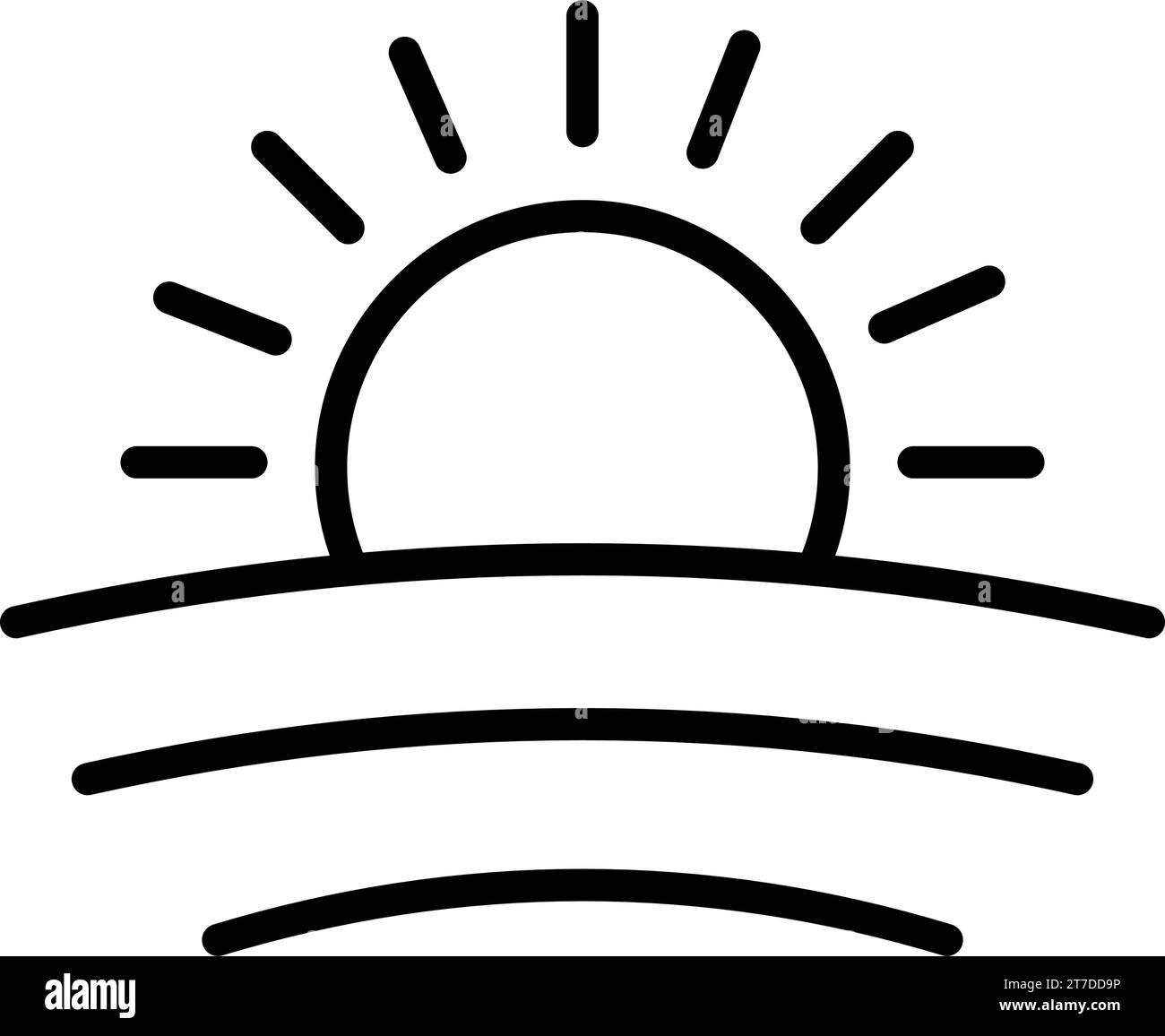 Symbol für Sonne und Feldlinie. Lineares Schild für mobiles Konzept und Web-Design in der Landwirtschaftslandschaft. Sonnenaufgang und Feldkontur Vektorsymbol. Farmi Stock Vektor