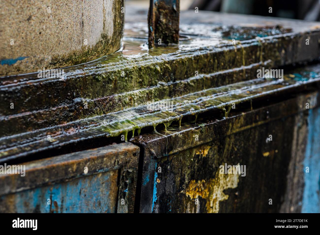 Undichter Wasserbehälter nasses Eisen korrodiert Rost Farbe Metallstahl bildet Algen. Stockfoto