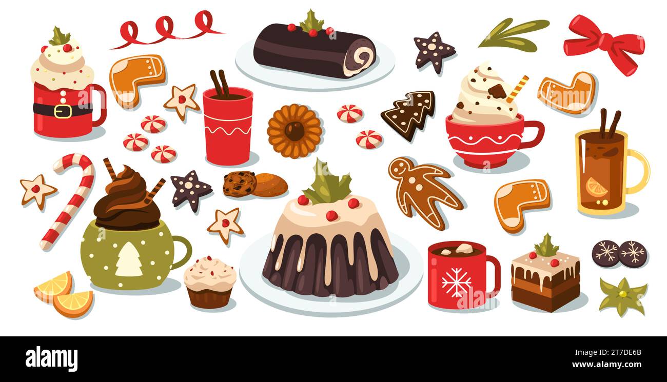Weihnachtsbonbons und -Getränke. Traditionelles Cartoon-Essen im Winter, eine Tasse heiße Schokolade mit Marshmallows, Weihnachtsstern und stechpalmen-Beeren Stock Vektor