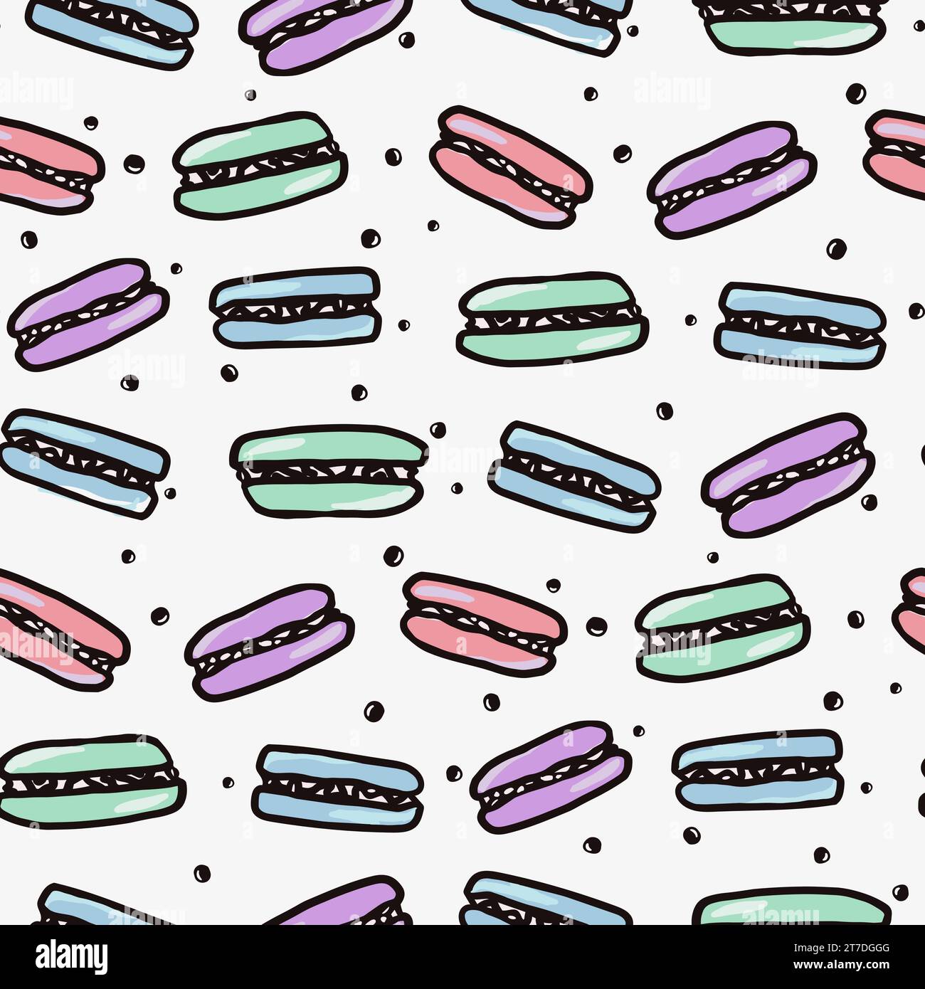 Nahtloses Makronen-Muster mit süßen Speisen. Hand gezeichneter bunter Kuchen Vektor-Illustration Hintergrund für Oberflächendesign, Textil, Stoff, Scrapbook oder Stock Vektor