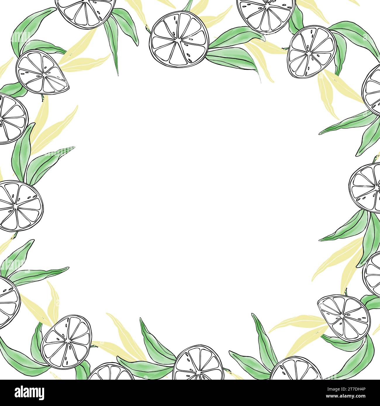 Zitrone geschnitten und Blätter Aquarellkranz Rahmen quadratische Banner Hand gezeichnete Vektor-Illustration für Postkarte, Hochzeit, Tag, Dankeschön Karte, Abdeckung, Logo Stock Vektor