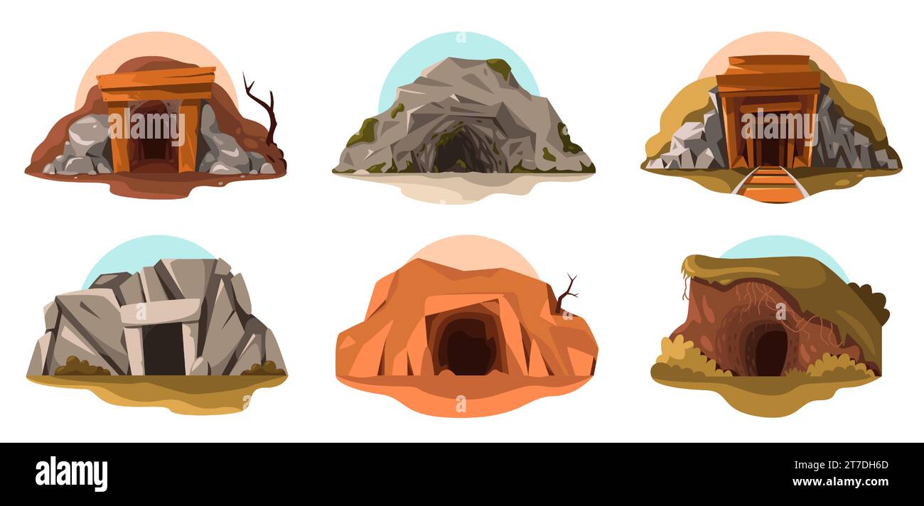 Höhleneingang. Alte Cartoon-Mine mit Holztür, prähistorische verlassene Höhle mit Felsenboden und Schmutz. Vektor-isolierter Satz Stock Vektor