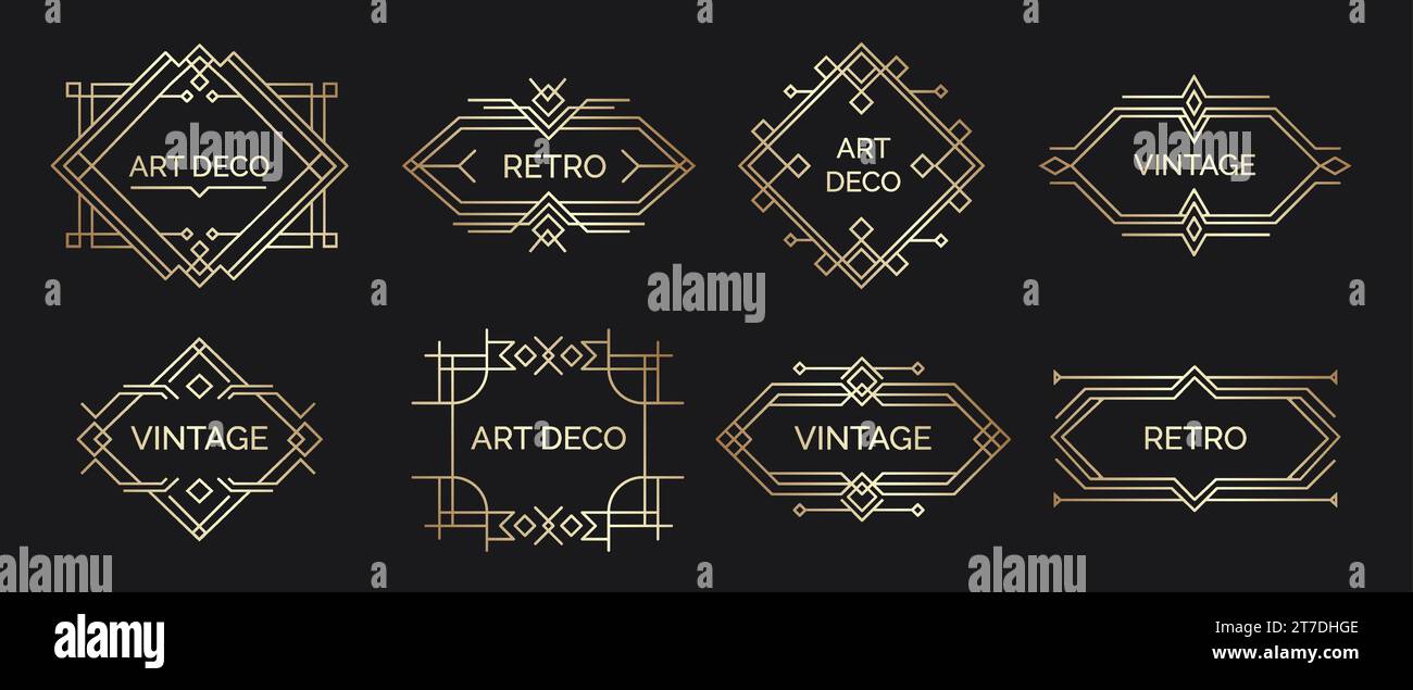 Art-Deco-Etiketten. Geometrische Retro-Formen mit elegantem arabischem Schriftzug und minimalem Vintage-Emblem für luxuriösen Premium-Stempel. Vektor-isolierter Satz Stock Vektor
