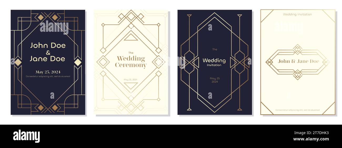 Art déco-Hochzeitseinladung. Dekoratives Retro-Etikett mit geometrischen Formen und Blumenschmuck für die Postkarte mit Hochzeitseinladungen. Vektorsatz Stock Vektor