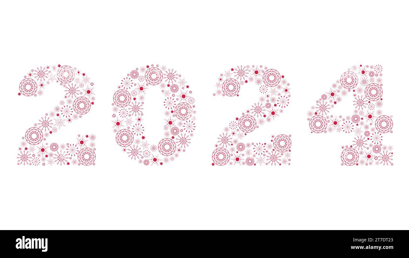 Neujahr 2024. Zahlen aus roten Schneeflocken. Stock Vektor