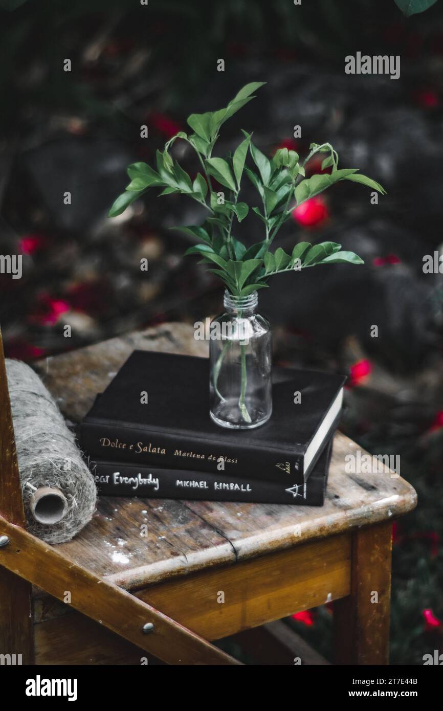 Ein Holzstuhl mit Büchern, die ordentlich darauf gestapelt sind, und eine Glasvase mit einem bunten Blumenstrauß auf einem Stapel Bücher Stockfoto