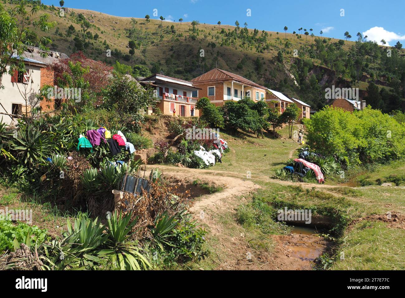Madagaskar, Antsirabe, Vakinankaratra, Dorf, Hautes terres, linge qui sèche Stockfoto