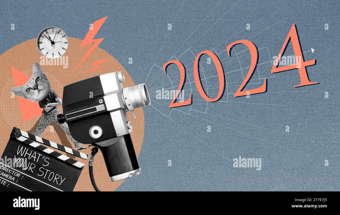 Eine neue Geschichte beginnt im Jahr 2024. Antike Filmkamera und Diagramme, die die Brennweiten verschiedener Objektivtypen zeigen. Stockfoto