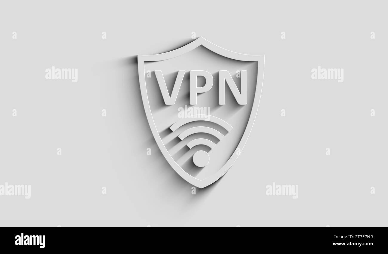 VPN-Symbol für virtuelle private Netzwerkkommunikation mit natürlichem Schatten. Abstraktes Konzept der Cyber-Technologie. 3D-Darstellung von Licht- und Schattenobjekten. Stockfoto